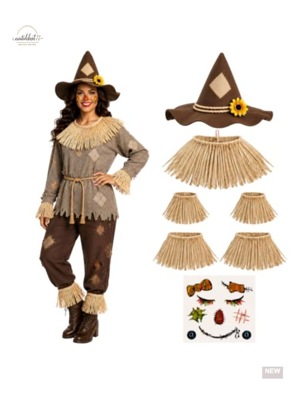 Scarecrow Straw Accessory Set Felt Hat Collar Cuffs Halloween Costume